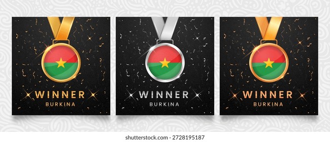 Set von drei Medaillen mit Burkina Faso Flaggenfarben. Auf dunklem Hintergrund mit goldenen und silbernen Konfetti-Akzenten und glitzernden Highlights. Vektorgrafik.