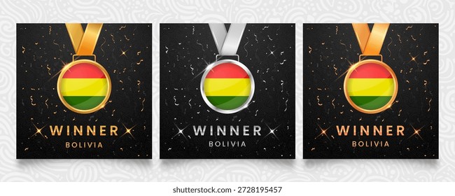 Conjunto de três medalhas vencedoras com cores da bandeira da Bolívia. Exibido em um plano de fundo escuro com detalhes em confetes dourados e prateados e realces brilhantes. Ilustração vetorial.