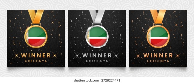 Conjunto de tres medallas ganadoras con la bandera de la República de Chechenia. Se muestra sobre un fondo oscuro con confeti de oro y plata y destellos. Ilustración vectorial.
