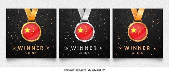 Conjunto de tres medallas ganadoras con la bandera nacional de China. Se muestra sobre un fondo oscuro con confeti dorado y plateado y destellos brillantes. Ilustración vectorial.