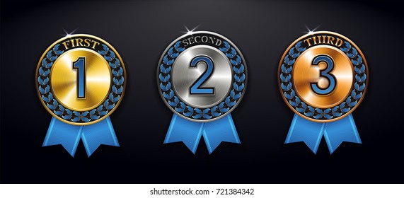 Set of three winner medals: First gold, second silver, third bronze. Victory achievement with ribbon. Sport champion celebration with achievement, trophy, prize. Vector illustration element.
