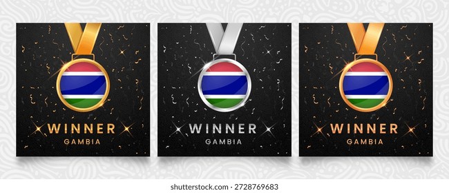 Set of three winner medals (gold, silver, bronze) featuring the flag of Gambia. Premium design on a dark background with festive confetti and sparkling stars. High-quality vector illustration.