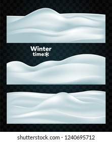 Set of three winter abstract backgrounds of various configurations of snow-covered relief hills with shadows.