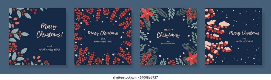 Fijar tres tarjetas de fiesta de invierno sobre fondo azul con texto de Navidad en estilo vectorial plano. Ramas de árboles de navidad dibujadas a mano, poinsettia, bayas rojas, mistletoe. Decoración floral de temporada de vacaciones