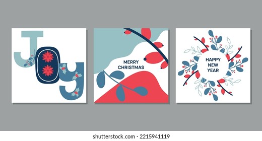 Set of three winter holidays vector cards with colorful wotd joy,abstract background and branches.Merry christmas,happy new year