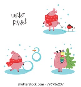 Set of three winter piglet gift cards with a little cute piglet wearing a scarf, sledding, making snowmen, receiving presents under a Christmas tree. Vector illustrations on a white background.