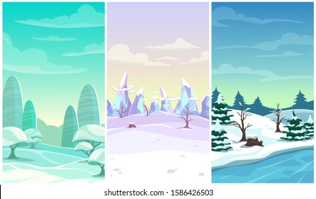 Set Of Three Winter Vertical Background. Cartoon Landscapes With Snow, Ice, Trees, Clouds. Vector Locations For Game Design.