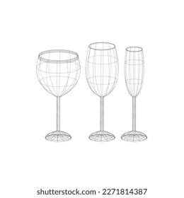 Set of Three Wireframe Carcass Glasses wireframe carcass design for bars, restaurants, at home, on banners, menus, or other gastronomy concepts