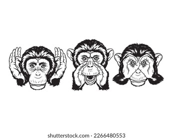 Set of three wise monkey. Collection of head monkey with closed eyes, mouth and ears.  Vector illustration design for poster.