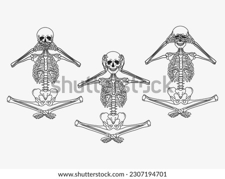 Set of three wise skeleton. Collection of skeletons sitting cross leg in lotus position make up the old adage. Halloween design. Vector illustration design for poster.