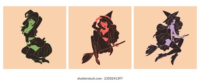 Set of three Witch. Cute ladies. Pin-up, retro style. Halloween costume concept. Hand drawn modern Vector illustration. Poster, sticker templates