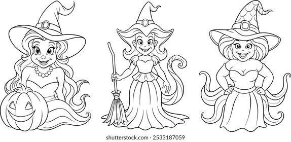 Set of three witches in playful, detailed costumes with hats and brooms, line art, for Halloween event flyers, banners, textile design, coloring page