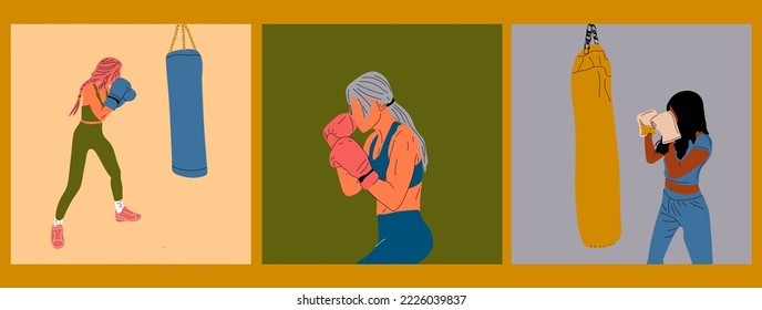 Set of three Woman in boxing gloves posing at punching bag in sportswear. Girl power concept. Cartoon vector illustration	