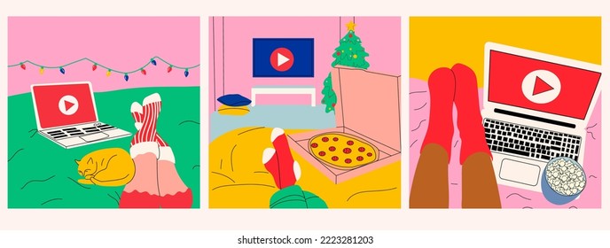 Set of three Woman lies on the bed and watches series. Vector in cartoon style. All elements are isolated