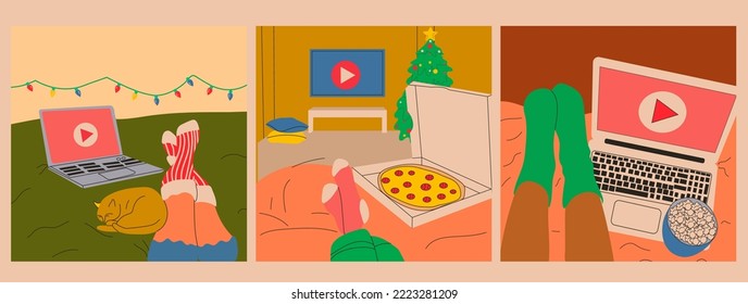 Set of three Woman lies on the bed and watches series. Vector in cartoon style. All elements are isolated