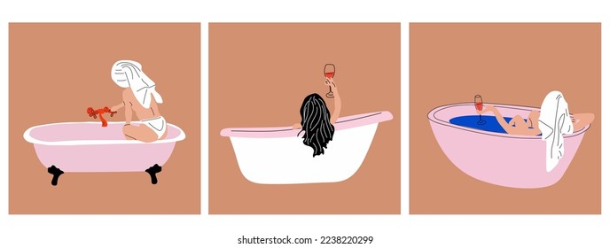 Set of three Woman taking a relaxing bubble bath and read book, side view. Vector in cartoon style. All elements are isolated	