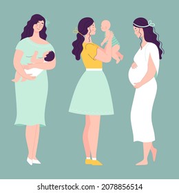 A set of three women with babies and a pregnant woman in full growth. Vector illustration with people