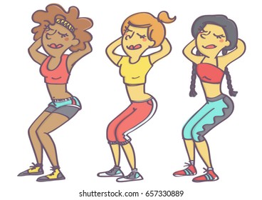 Set of three women doing squats, cute colorful vector cartoon