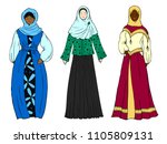 A set of three women in Muslim clothes. Fashionable Arab Muslim clothing for women. Arab traditions, abaya and hijab. 1