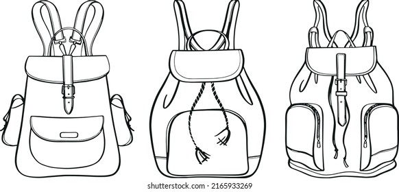 A set of three women's backpacks. Backpack in linear style. School bag. Vector coloring book isolated. Modern vector illustration. Vector isolated design element.