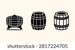 Set of three wooden barrels in different styles flat design icons.