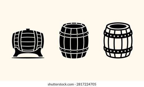 Set of three wooden barrels in different styles flat design icons.
