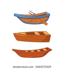 Set Of Three Wooden Rowboats, Each With Unique Color And Design, Isolated On White Background, Vector Illustration