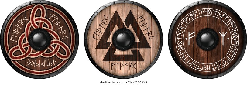 Set of three  wooden shields bound with iron, featuring the Scandinavian Viking symbols and runs. Realistic illustration.