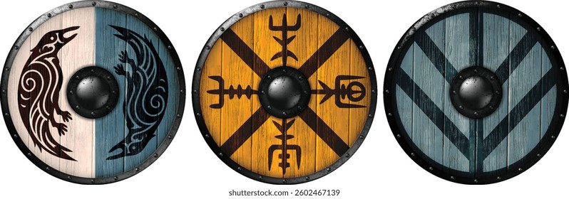 Set of  three  wooden shields bound with iron, featuring the Scandinavian Viking symbols and runs. Realistic illustration.
