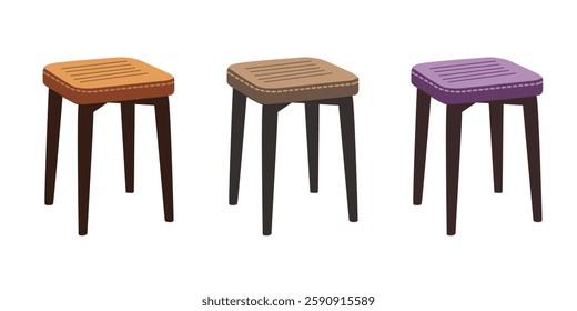 Set of three wooden stools with cushioned seats in different colors and four legs
