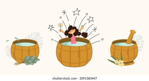 A set of three wooden tubs for the sauna as a gift. Water spoon and oak broom. Vector with a girl bathing in a font. Home spa treatments with benefit and pleasure. For advertising bath accessories.