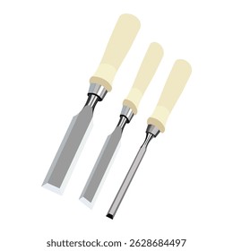 Set of three woodworking chisels with beige handles and metal shafts
