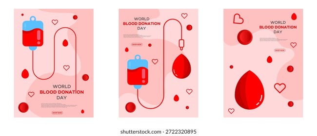 Conjunto de três bandeiras vetoriais do Dia Mundial da Doação de Sangue com bolsas de sangue, gotas e corações. Ideal para campanhas de saúde e conscientização.