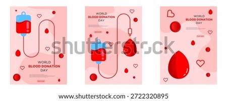 Set of three World Blood Donation Day vector banners with blood bags, drops, and hearts. Ideal for healthcare campaigns and awareness.