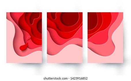 Set of three World Blood Donor Day vector paper cut banners. Abstract medical backgrounds with red paper cut blood color layers. 14 june. Hemophilia day poster