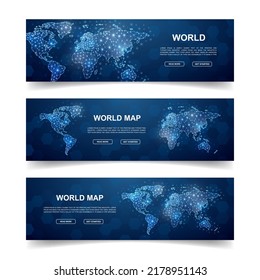 Set of three World Map horizontal banners. Horizontal illustration for homepage design, banner. Earth planet low poly symbols with connected dots