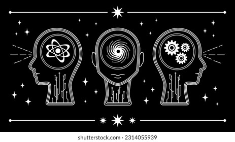 Conjunto de tres elementos gráficos Y2K, formas de cabeza humana con símbolos retro. Gráficos retro vectoriales en blanco y negro.