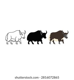 Set of three yak icons showing a simple line art version, a solid black silhouette, and a colorful detailed style. Perfect for nature, farm, or wildlife projects.