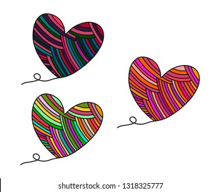 Set of three yarn hearts hand drawn illustation in cartoon style