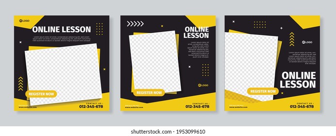 Set Of Three Yellow Black Square Background Online Lesson Or Education Social Media Pack Template Premium Vector