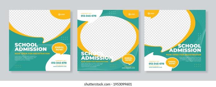 Set of three yellow blue bubble chat background school admission or education social media pack template premium vector