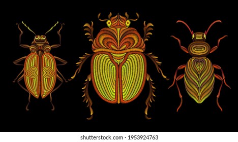 A set of three yellow different embroidered beetles. Decorative element for embroidery, patches, stickers, badges, print for t-shirts.