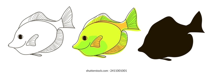 Conjunto de tres peces amarillos en línea y estilo doodle , y silueta negra. Ilustración del vector aislada en fondo blanco