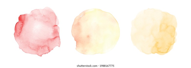 Set of three yellow gradient orange watercolor circle stain brush shapes hand-painted on white background.