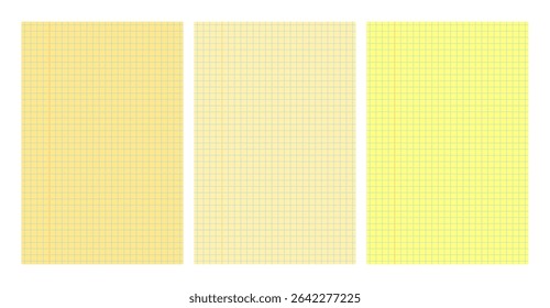 Set of three yellow legal pad pages with grid designs. Great for school, office, memos or business templates use. Vector illustration