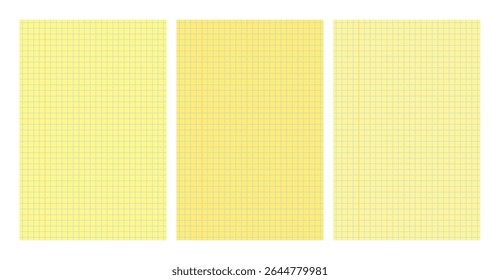 Set of three yellow legal pad pages with grid designs. Great for school, office, memos or business templates use. Vector illustration