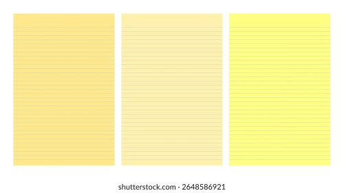Set of three yellow legal pad pages with lined designs. Great for school, office, memos or business templates use. Vector illustration