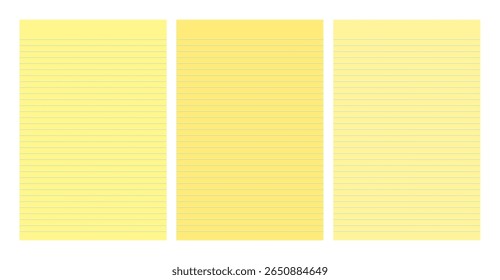 Conjunto de três páginas de apoio legal amarelo com desenhos alinhados. Ótimo para uso em escola, escritório, memorandos ou modelos de negócios. Ilustração vetorial