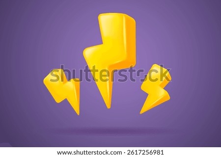 Set of three yellow lightning bolt icons in pseudo 3D style for energy, power, or flash sale design. 3d vector illustration.