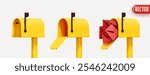 Set of three yellow mailboxes realistic 3d design, open box, closed and with mail paper envelope isolated on white background. vector illustration